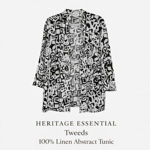 Tweeds 100% Linen Abstract Print Button Down Tunic Black White 1X